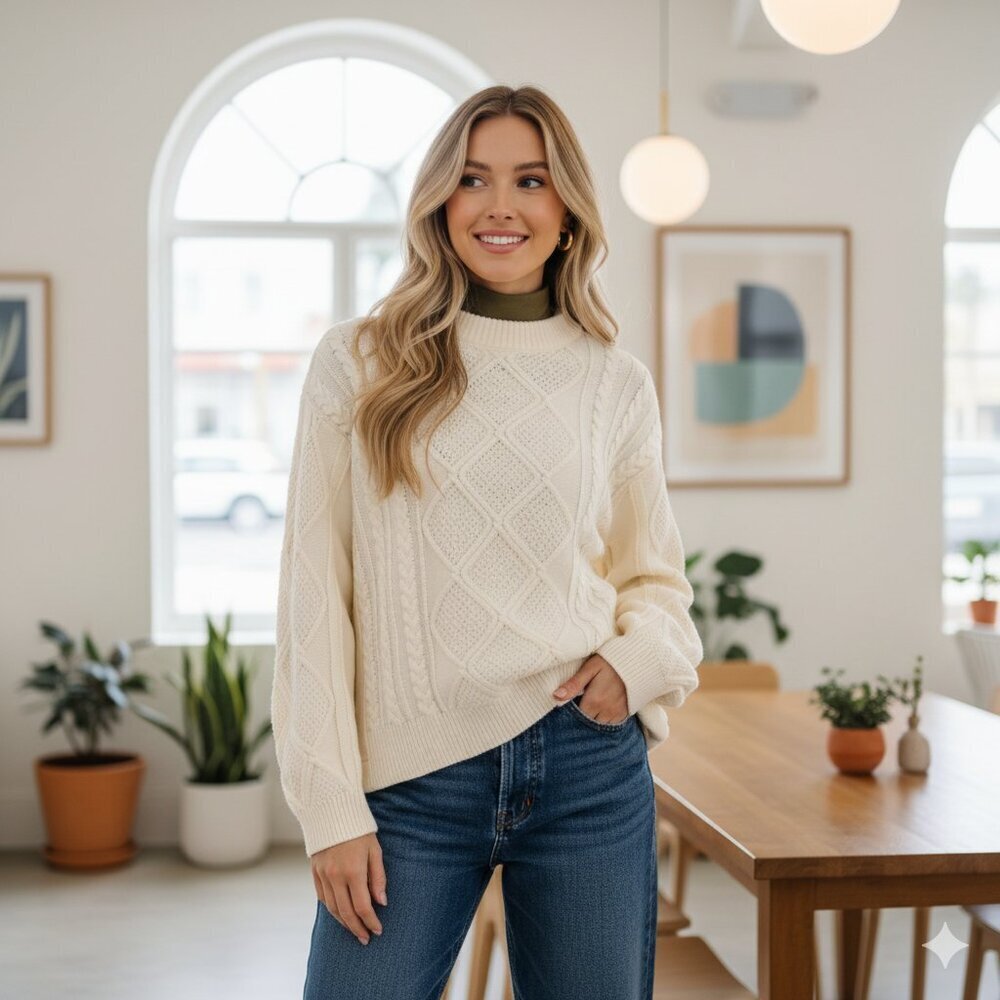 Moon River Cable Knit Oversized Sweater with Denim Detail Size Small NWT
